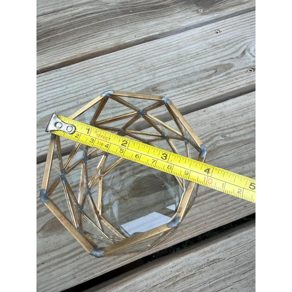 Brass Geometric Votive Holder, Faceted Glass Lantern, Modern Boho Decor
